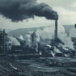 A sprawling industrial site features tall smokestacks emitting thick smoke into a cloudy sky.