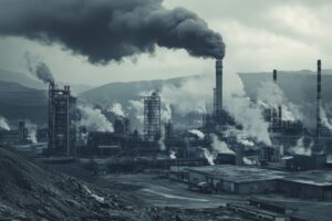 A sprawling industrial site features tall smokestacks emitting thick smoke into a cloudy sky.