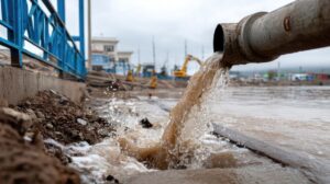 The image captures a water pipe actively discharging muddy water into a flooded urban area, highlighting infrastructure challenges during rainy weather.